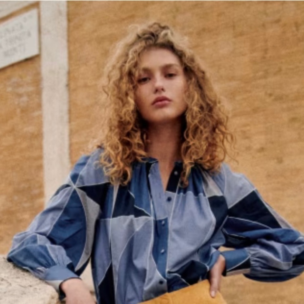 Sezane Lealys patchwork blue blouse.